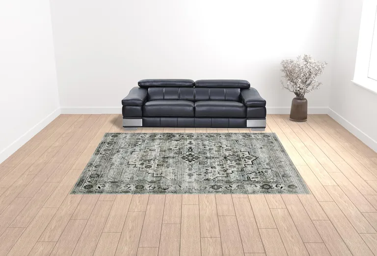 Ivory Grey Charcoal Blue And Taupe Oriental Power Loom Stain Resistant Area Rug Photo 2