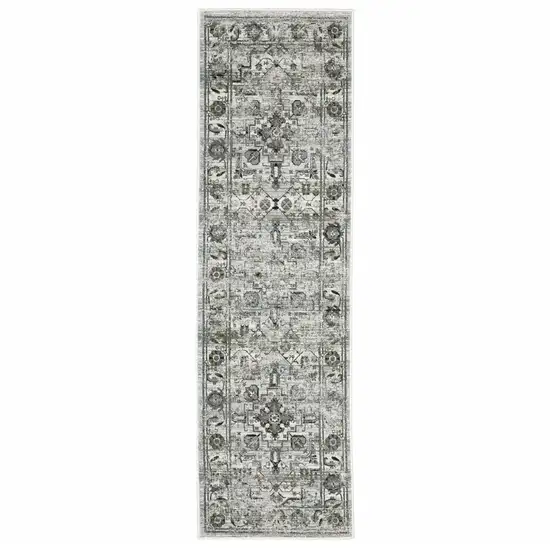 Ivory Grey Charcoal Blue And Taupe Oriental Power Loom Stain Resistant Runner Rug Photo 1