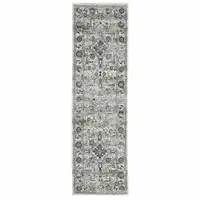 Photo of Ivory Grey Charcoal Blue And Taupe Oriental Power Loom Stain Resistant Runner Rug