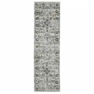 Photo of Ivory Grey Charcoal Blue And Taupe Oriental Power Loom Stain Resistant Runner Rug