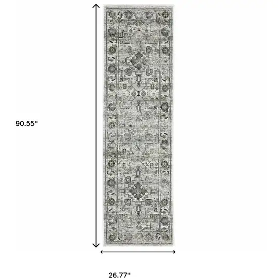 2' X 8' Ivory Grey Charcoal Blue And Taupe Oriental Power Loom Stain Resistant Runner Rug Photo 6