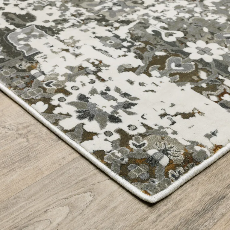 Ivory Grey Charcoal Rust Gold And Brown Oriental Power Loom Stain Resistant Runner Rug Photo 3