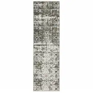 Photo of Ivory Grey Charcoal Rust Gold And Brown Oriental Power Loom Stain Resistant Runner Rug