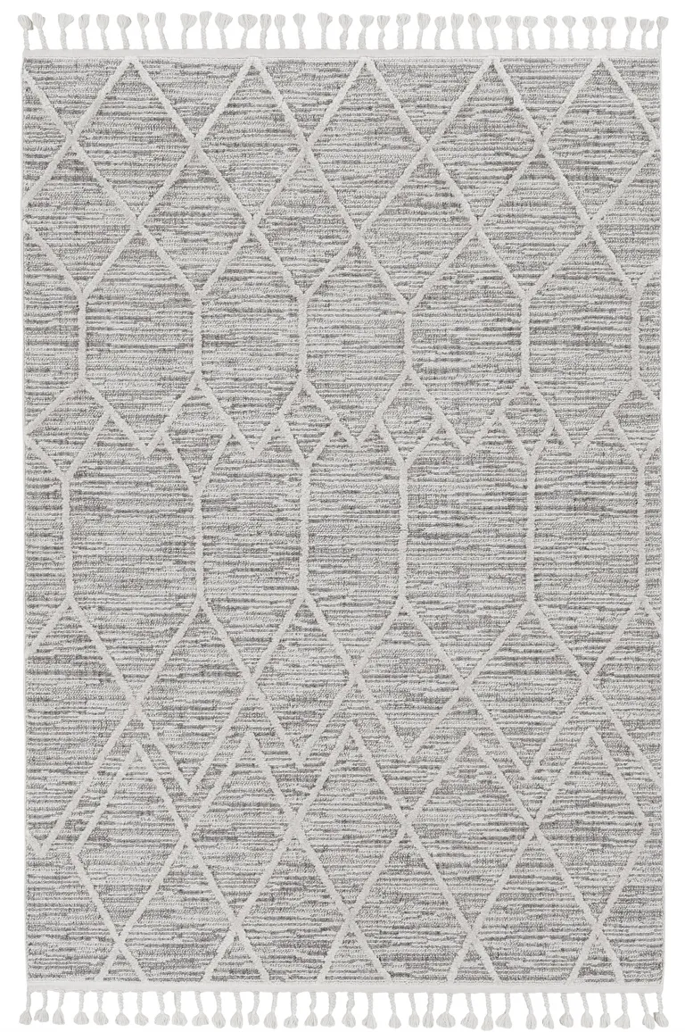 Ivory Grey Diamonds Area Rug with Fringe Photo 3