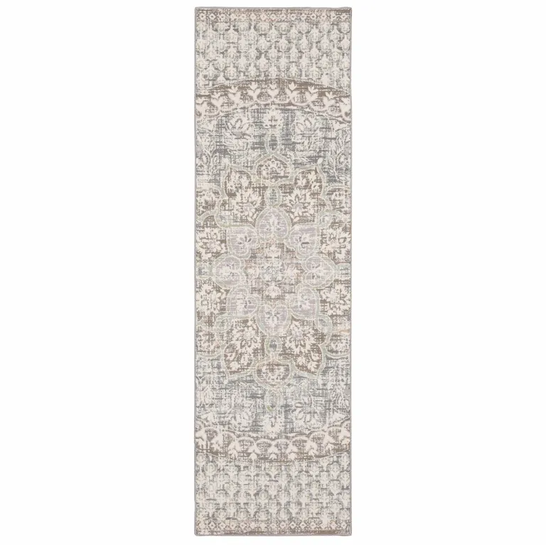 Ivory Grey Distressed Oversize Medallion Indoor Runner Rug Photo 1