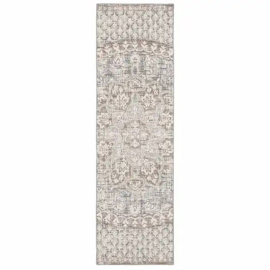 Ivory Grey Distressed Oversize Medallion Indoor Runner Rug Photo 1