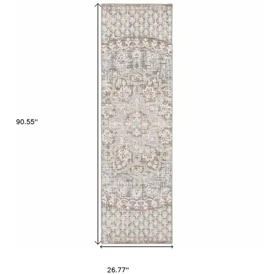 Ivory Grey Distressed Oversize Medallion Indoor Runner Rug Photo 6