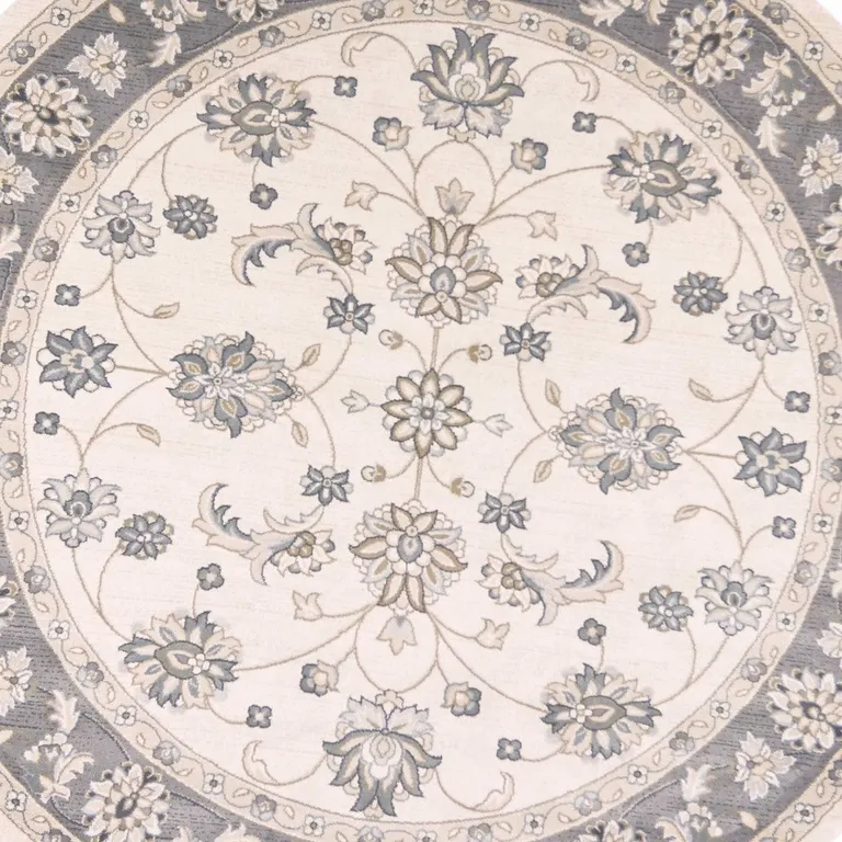 Ivory Grey Floral Round Indoor Area Rug Photo 2