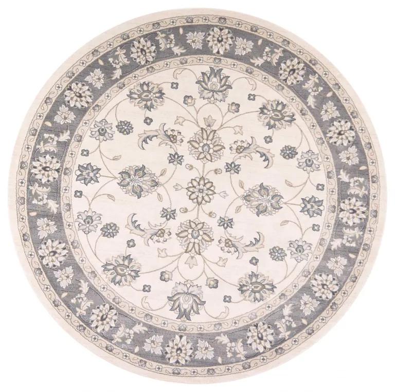 Ivory Grey Floral Round Indoor Area Rug Photo 1