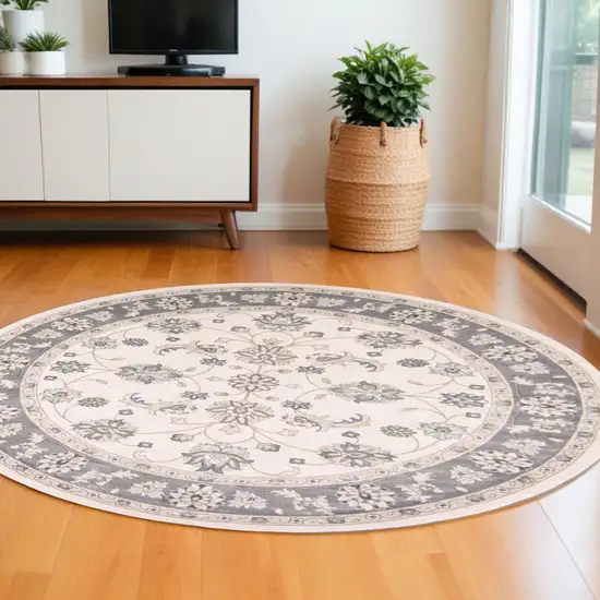 8' Ivory Grey Floral Round Indoor Area Rug Photo 1