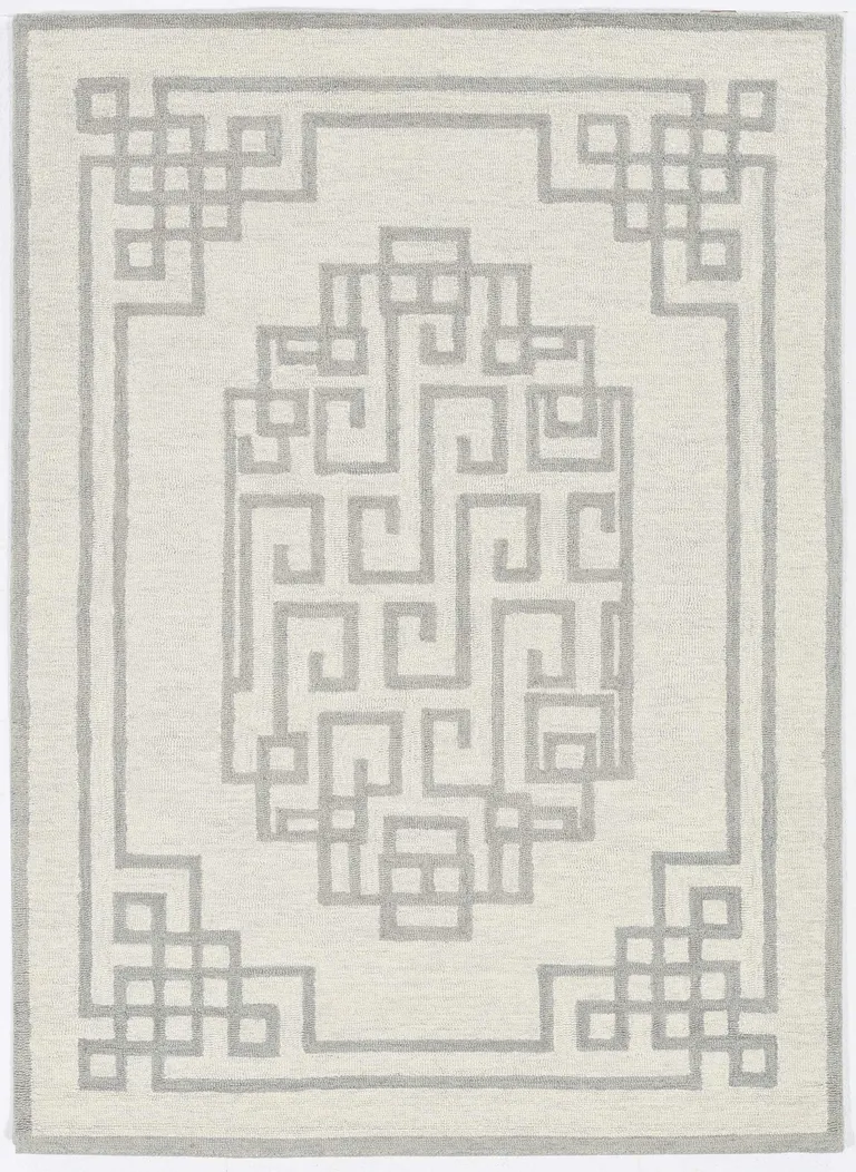 Ivory Grey Geometric Bordered Wool Area Rug Photo 4