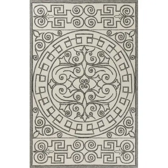 Ivory Grey Hand Hooked UV Treated Greek Key Medallion Indoor Outdoor Accent Rug Photo 1