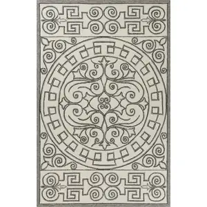 Photo of Ivory Grey Hand Hooked UV Treated Greek Key Medallion Indoor Outdoor Accent Rug