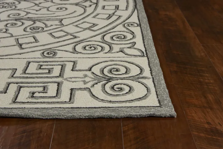 Ivory Grey Hand Hooked UV Treated Greek Key Medallion Indoor Outdoor Accent Rug Photo 5