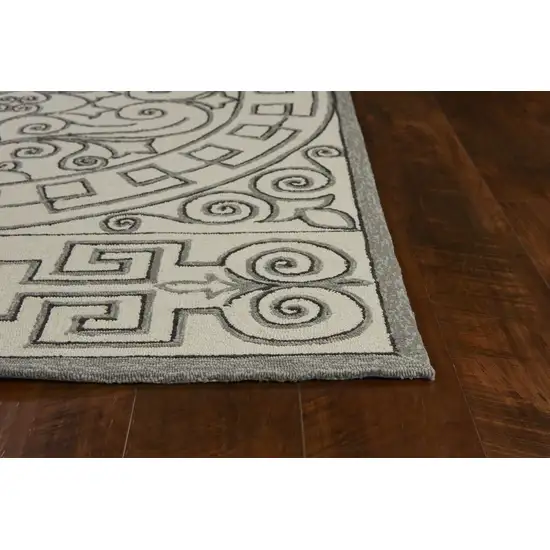 Ivory Grey Hand Hooked UV Treated Greek Key Medallion Indoor Outdoor Accent Rug Photo 5