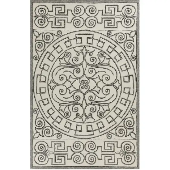 2'X3' Ivory Grey Hand Hooked Uv Treated Greek Key Medallion Indoor Outdoor Accent Rug Photo 1