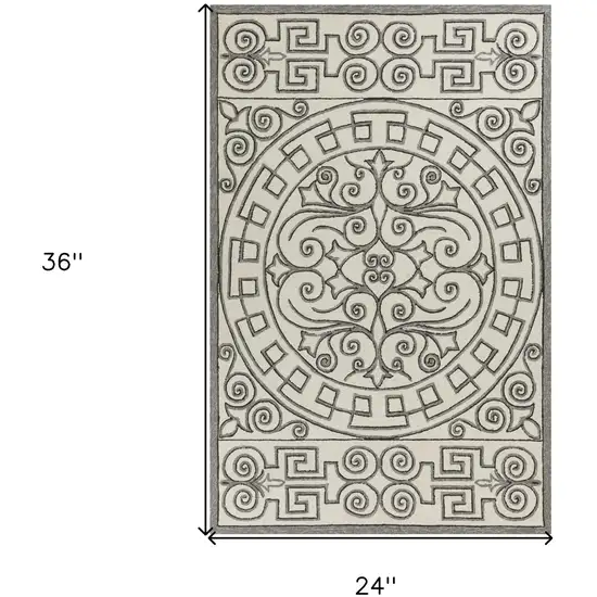 2'X3' Ivory Grey Hand Hooked Uv Treated Greek Key Medallion Indoor Outdoor Accent Rug Photo 6