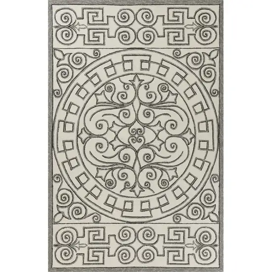 Ivory Grey Hand Hooked UV Treated Greek Key Medallion Indoor Outdoor Area Rug Photo 1