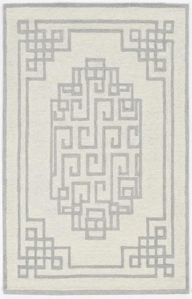 Ivory Grey Hand Tufted Bordered Greek Key Indoor Area Rug Photo 1