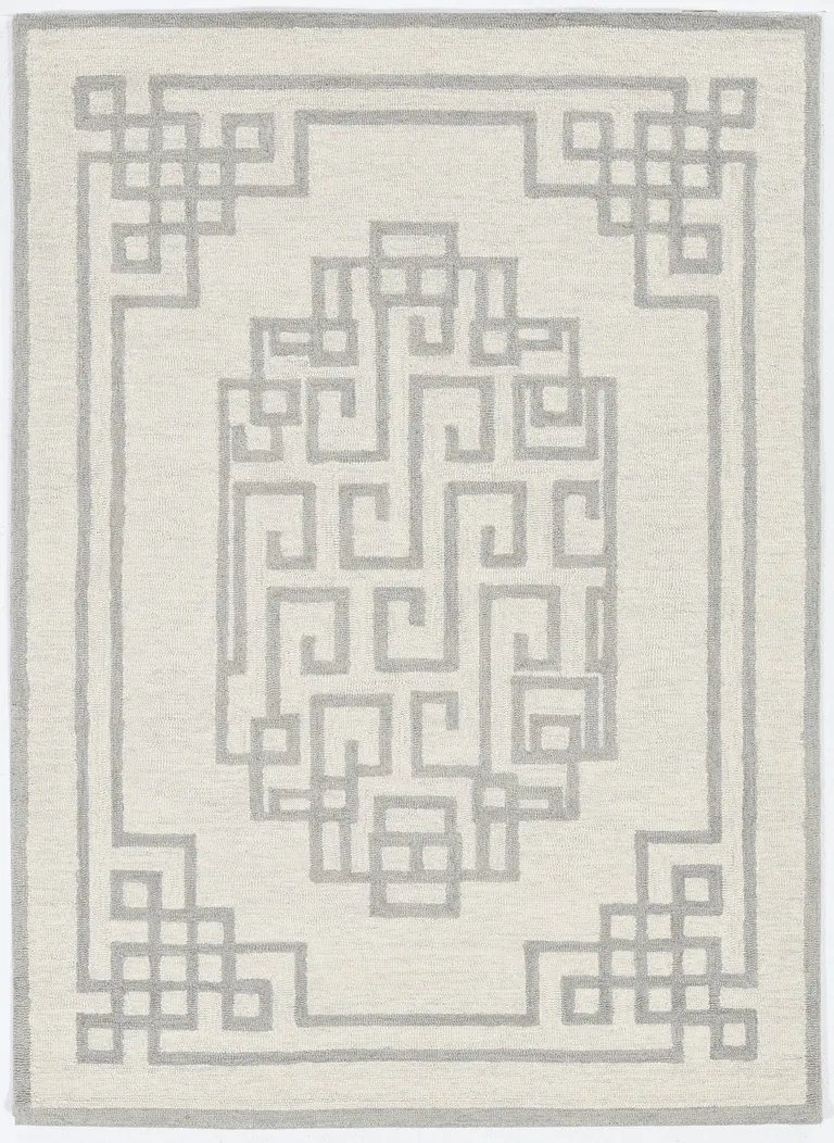 Ivory Grey Hand Tufted Bordered Greek Key Indoor Area Rug Photo 2