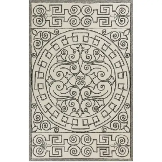 Ivory Grey Hand Woven UV Treated Greek Key Medallion Indoor Outdoor Area Rug Photo 5