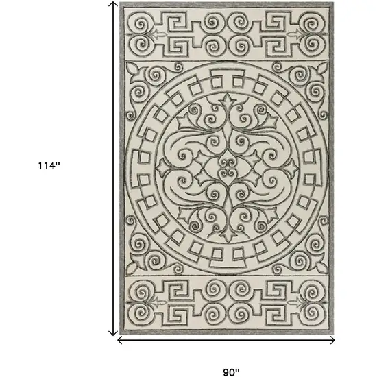 Ivory Grey Hand Woven UV Treated Greek Key Medallion Indoor Outdoor Area Rug Photo 6