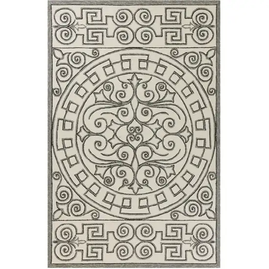 Ivory Grey Hand Woven UV Treated Greek Key Medallion Indoor Outdoor Area Rug Photo 1