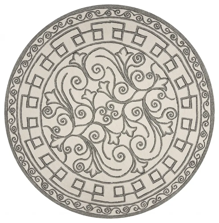 Ivory Grey Hand Woven UV Treated Greek Key Medallion Round Indoor Outdoor Area Rug Photo 1