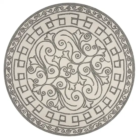 Ivory Grey Hand Woven UV Treated Greek Key Medallion Round Indoor Outdoor Area Rug Photo 1