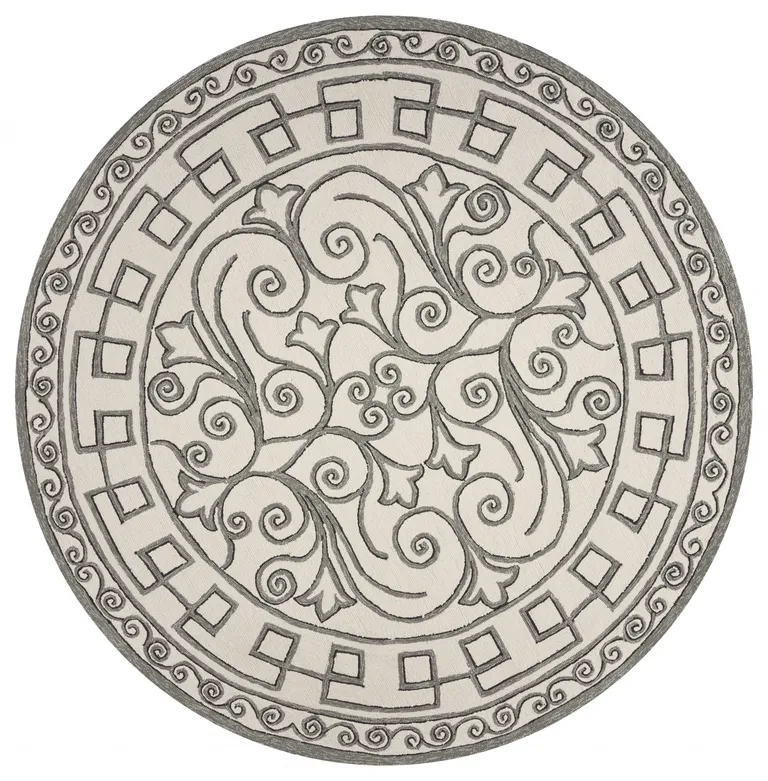 Ivory Grey Hand Woven UV Treated Greek Key Medallion Round Indoor Outdoor Area Rug Photo 2