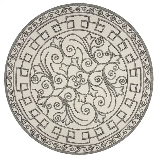 Ivory Grey Hand Woven UV Treated Greek Key Medallion Round Indoor Outdoor Area Rug Photo 2