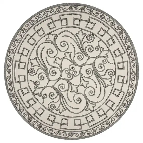 8' Ivory Grey Hand Woven Uv Treated Greek Key Medallion Round Indoor Outdoor Area Rug Photo 2