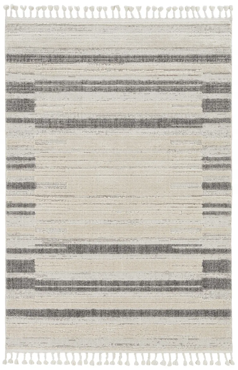 Ivory Grey Machine Woven Abstract Lines With Fringe Indoor Runner Rug Photo 1