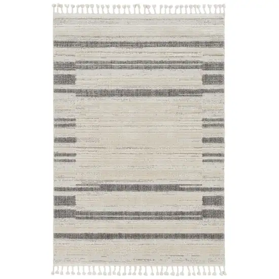 Ivory Grey Machine Woven Abstract Lines With Fringe Indoor Runner Rug Photo 1