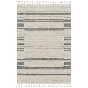 Photo of Ivory Grey Machine Woven Abstract Lines With Fringe Indoor Runner Rug