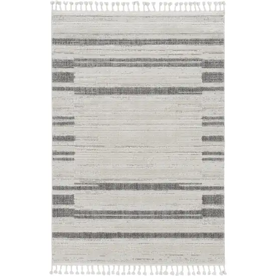 8' Ivory Grey Machine Woven Abstract Lines With Fringe Indoor Runner Rug Photo 2