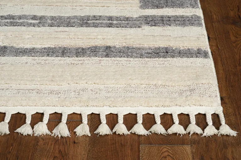 Ivory Grey Machine Woven Abstract Lines With Fringe Indoor Runner Rug Photo 2