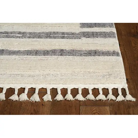 Ivory Grey Machine Woven Abstract Lines With Fringe Indoor Runner Rug Photo 2