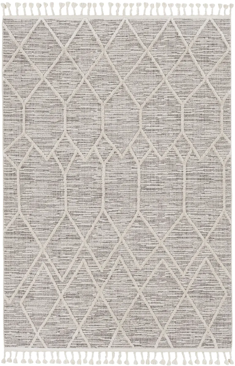 Ivory Grey Machine Woven Abstract With Fringe Indoor Area Rug Photo 2