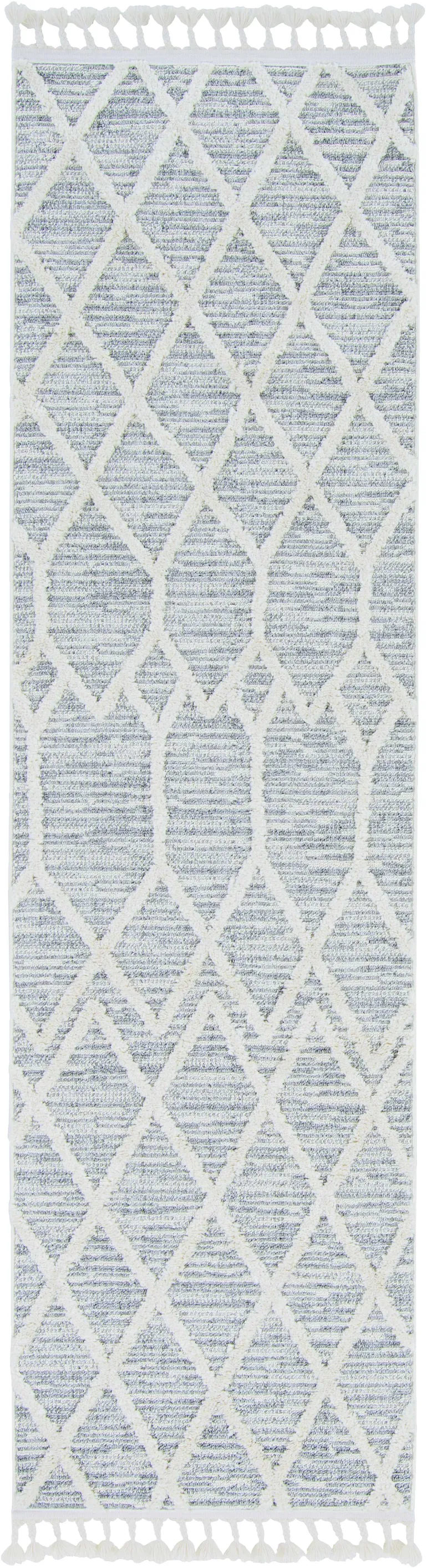 Ivory Grey Machine Woven Abstract With Fringe Indoor Runner Rug Photo 1