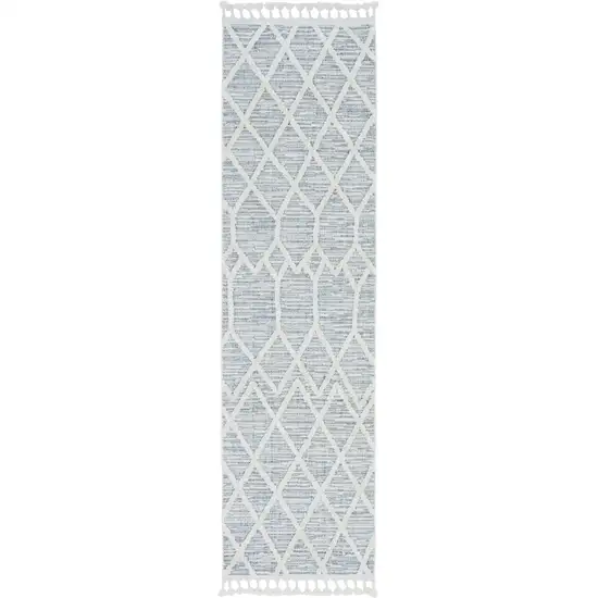 Ivory Grey Machine Woven Abstract With Fringe Indoor Runner Rug Photo 1