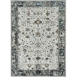 Photo of Ivory Grey Machine Woven Floral Traditional Indoor Runner Rug