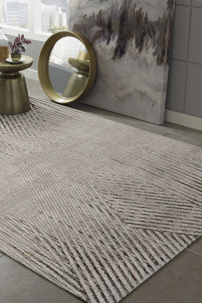 Ivory Grey Machine Woven Geometric Lines Indoor Runner Rug Photo 4