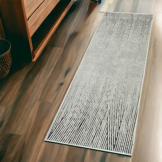 7' Ivory Grey Machine Woven Geometric Lines Indoor Runner Rug Photo 1