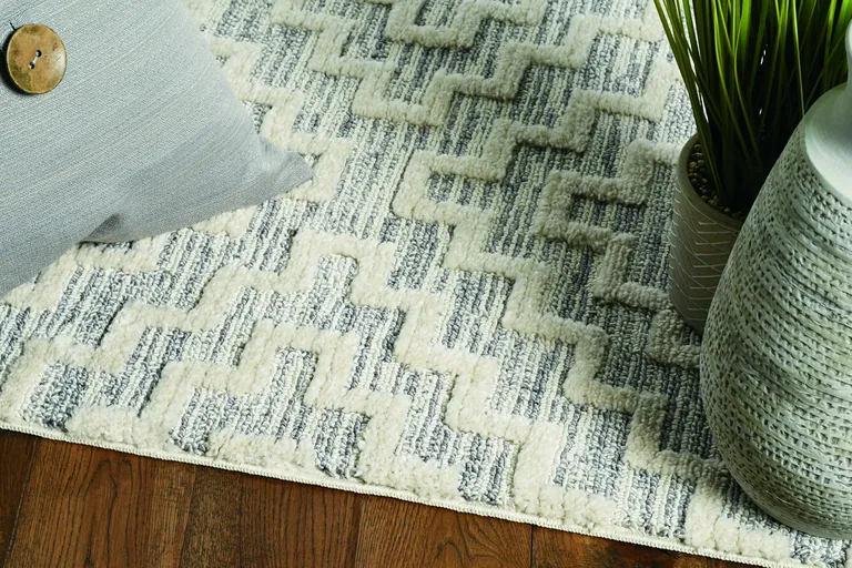 Ivory Grey Machine Woven Geometric With Fringe Indoor Area Rug Photo 4