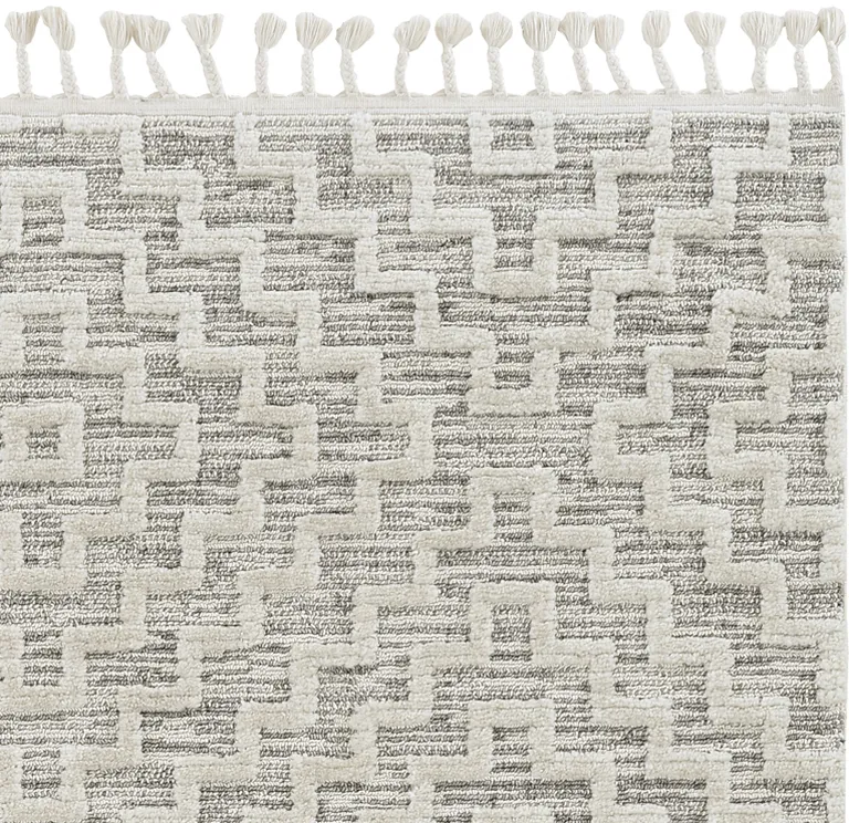 Ivory Grey Machine Woven Geometric With Fringe Indoor Area Rug Photo 1