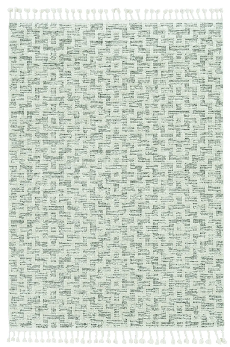 Ivory Grey Machine Woven Geometric With Fringe Indoor Area Rug Photo 2