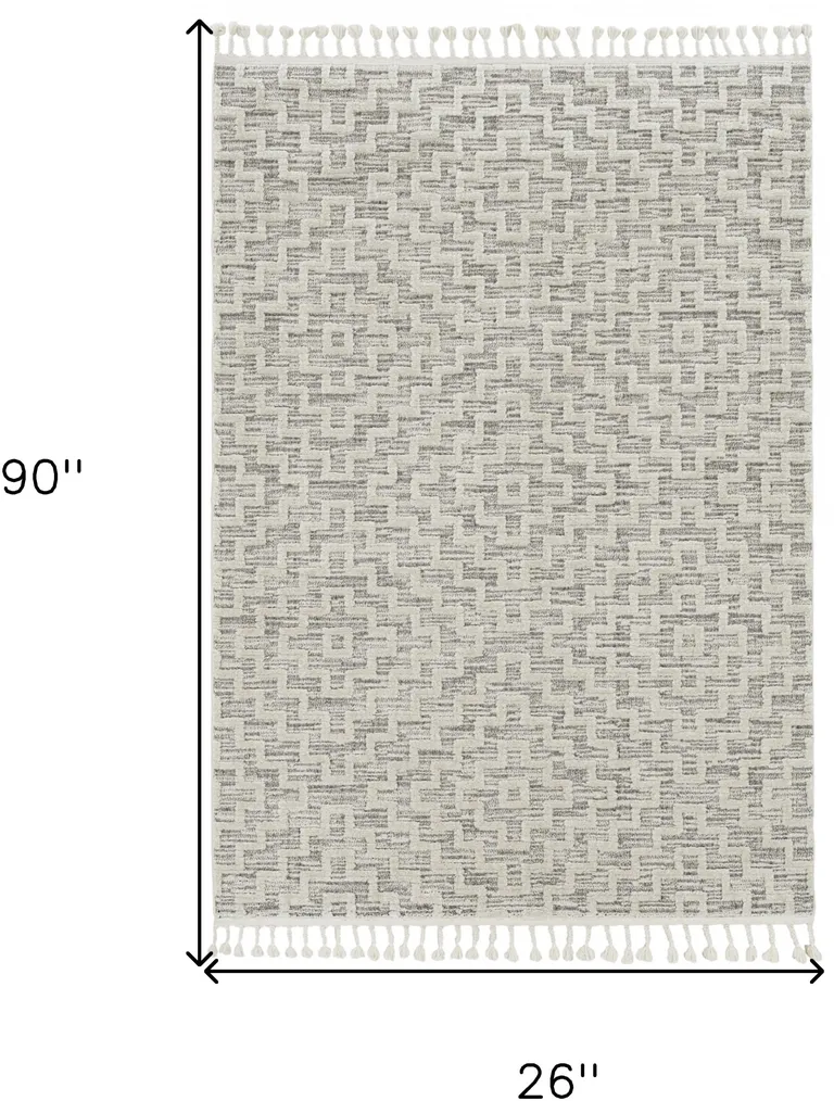 Ivory Grey Machine Woven Geometric With Fringe Indoor Runner Rug Photo 5