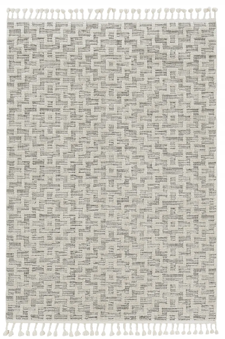 Ivory Grey Machine Woven Geometric With Fringe Indoor Runner Rug Photo 4