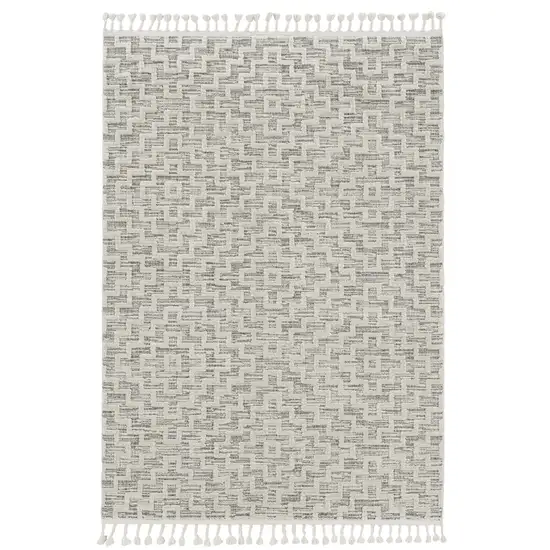 Ivory Grey Machine Woven Geometric With Fringe Indoor Runner Rug Photo 4